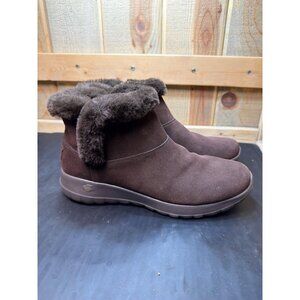 Skechers On The GO Joy Bundle Up Brown Suede Ankle Boots Faux Fur Womens Size 9